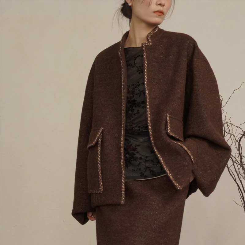 【妮娣原创】羊毛小香风上衣女士秋冬新款咖色经典百搭加厚外套