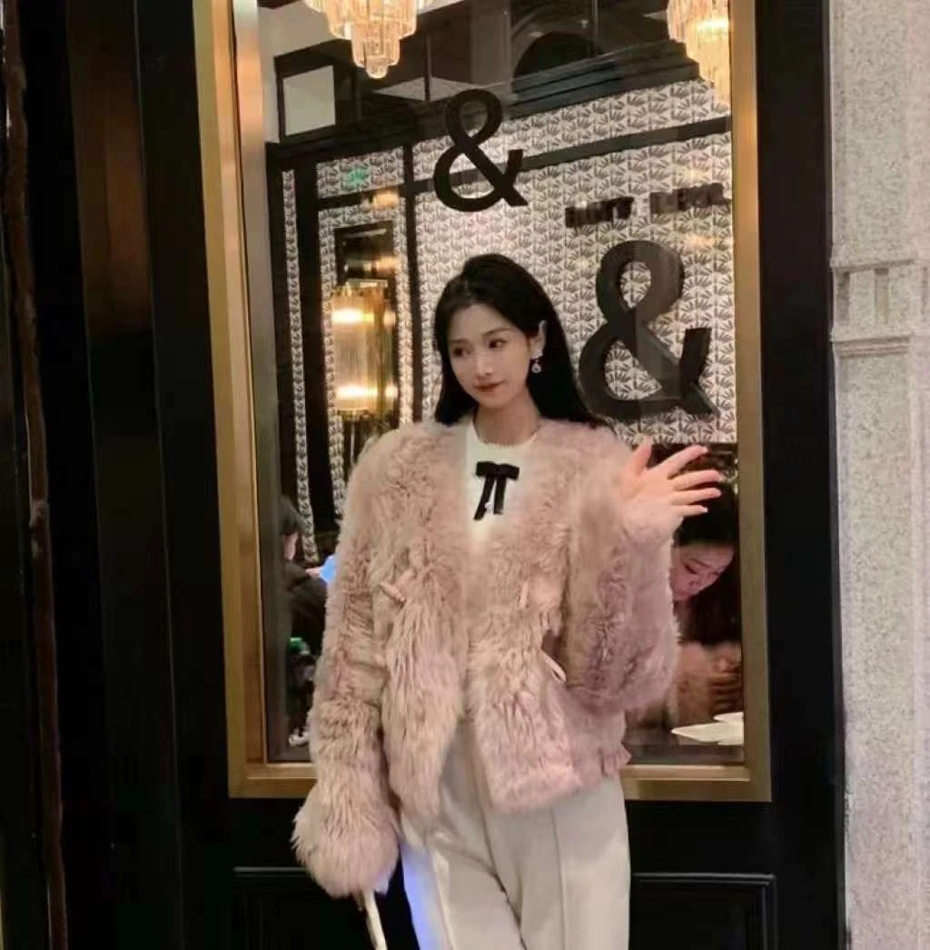 清仓 皮毛一体仿皮草花边设计时尚短外套