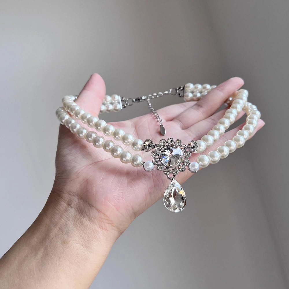 非金属仿珍珠项链 超闪双层镶钻串珠项链高级感锁骨链Choker颈链