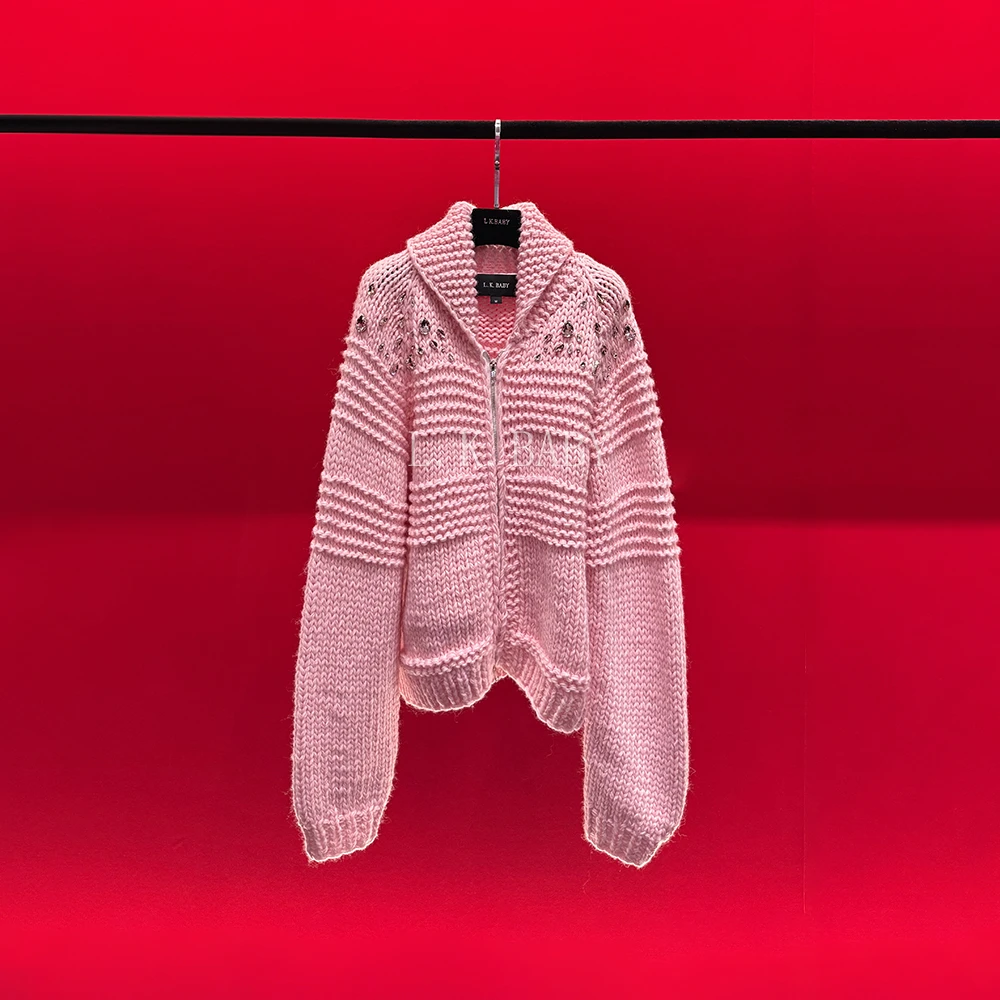 【L.K.BABY】云粉芙蓉 法式慵懒风手工编织棒针织毛衣翻领拉链外套