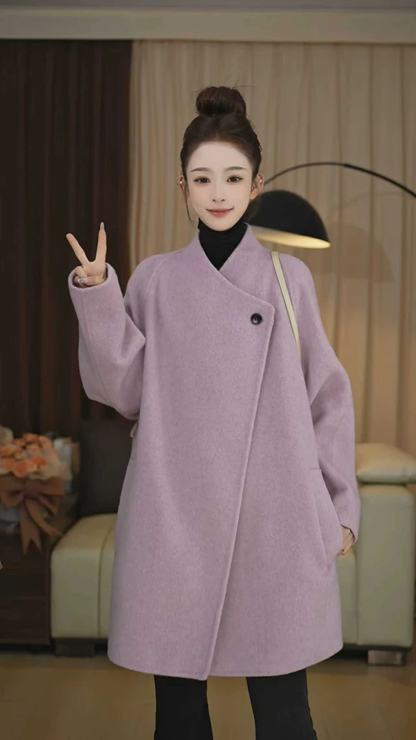纯色直筒型油画风毛呢外套宽松女装朋克风F813