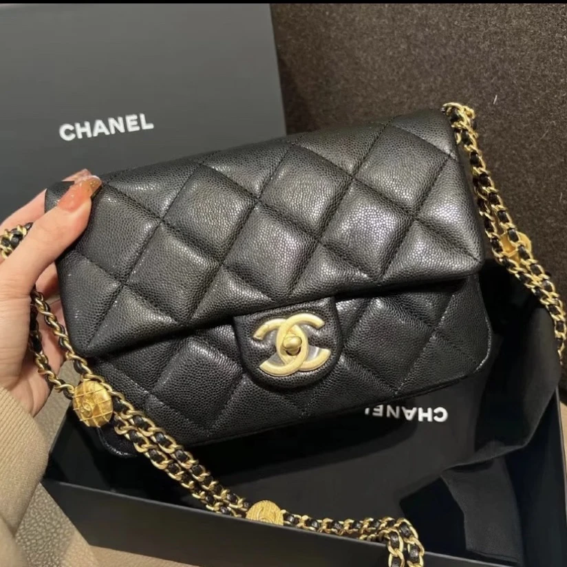 99新 Chanel/香奈儿 艾瑟尔奢品/22a黑金荔枝金币大mini/lt84