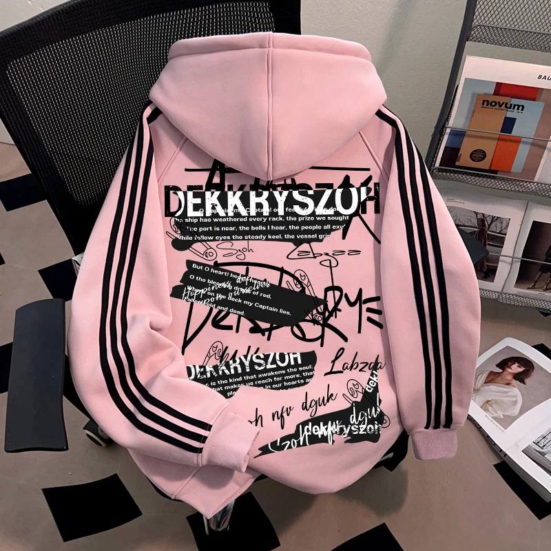 Dekkry潮牌美式休闲青少年秋冬季三条杠连帽卫衣加厚加绒男女上衣