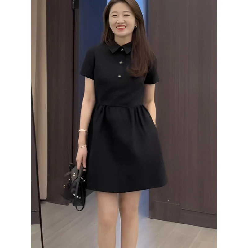 黑色polo领短袖连衣裙女款2025新款春装收腰显瘦小个子a字短裙子