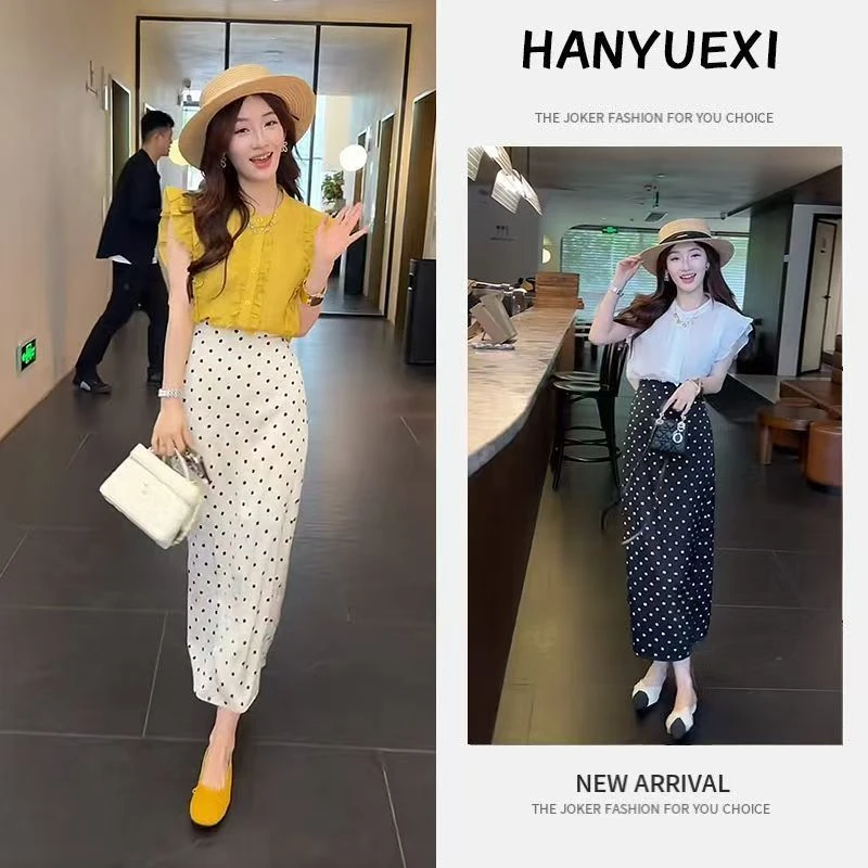 【现货】女装时尚气质套装法式褶皱花边小飞袖衬衣波点半身裙两件套