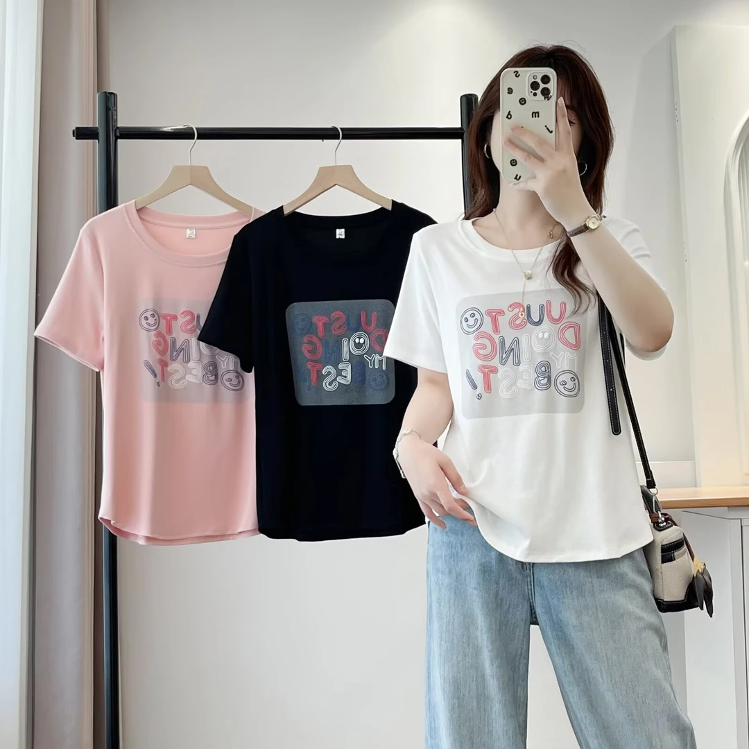 大码女装新款夏季吸汗字母宽松辣妈印花街头风圆领T恤短袖200斤