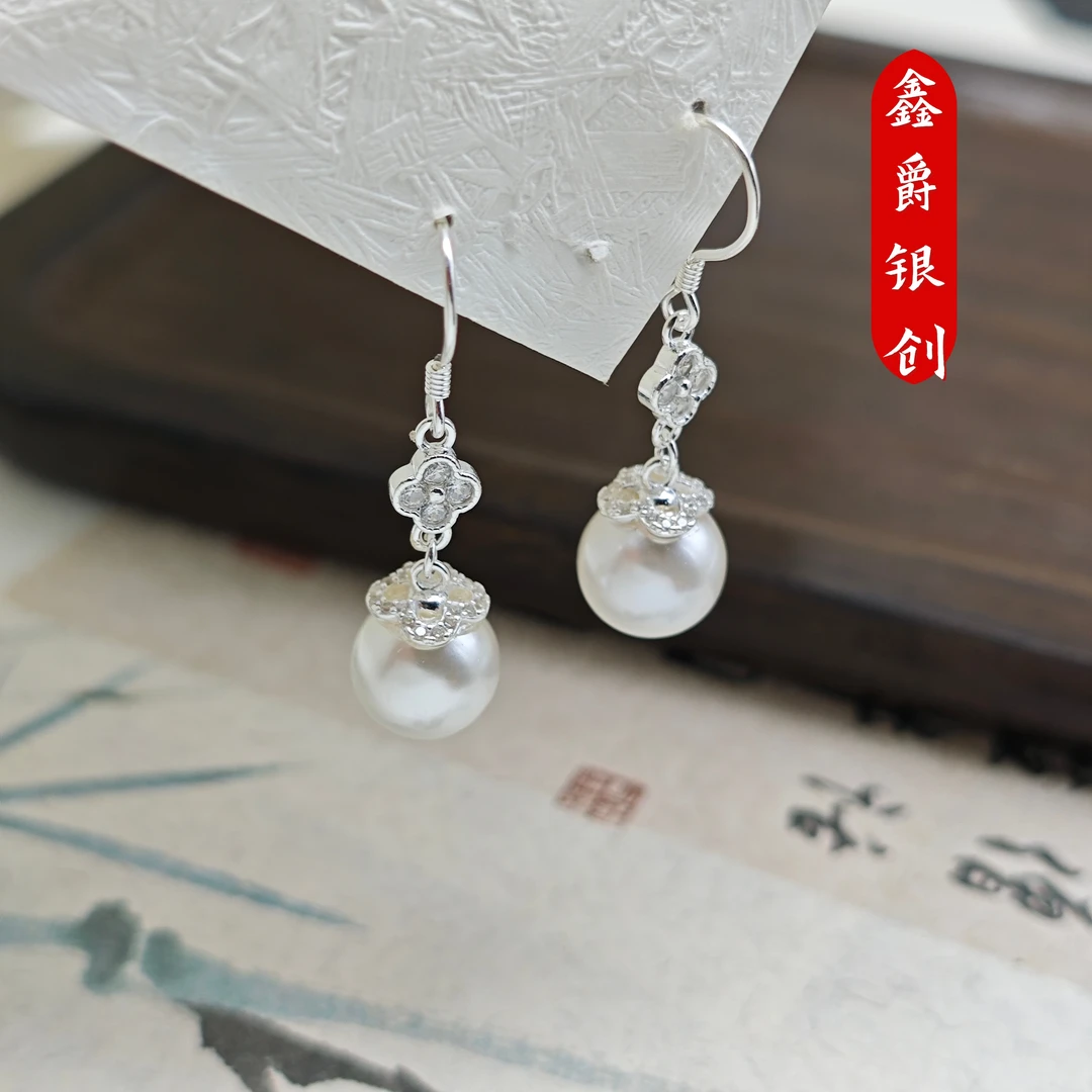 足银银制品 珍珠水钻耳钩【鑫爵银创】足银纯银熟银纯手工民族风