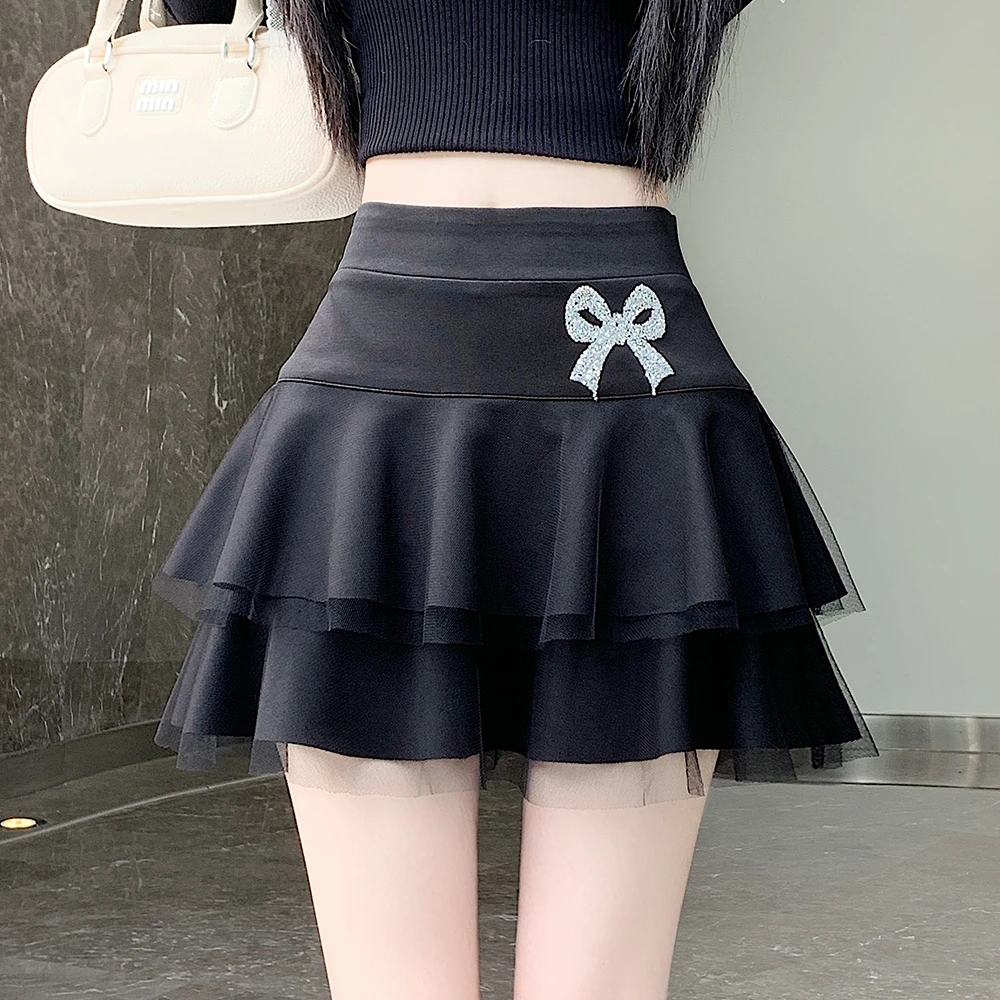 2025春秋季新款女韩版时尚荷叶边镶钻短裙裤蛋糕裙显瘦百搭半身裙