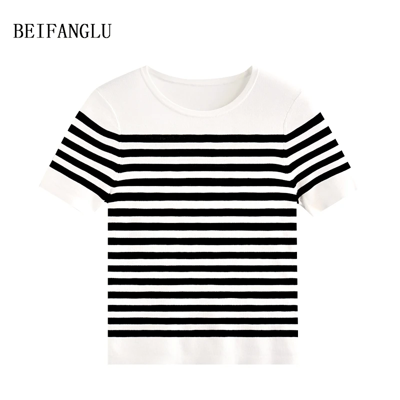 北方鹿【经典条纹主义】舒适天丝醋酯桑蚕丝春夏百搭针织短袖8039