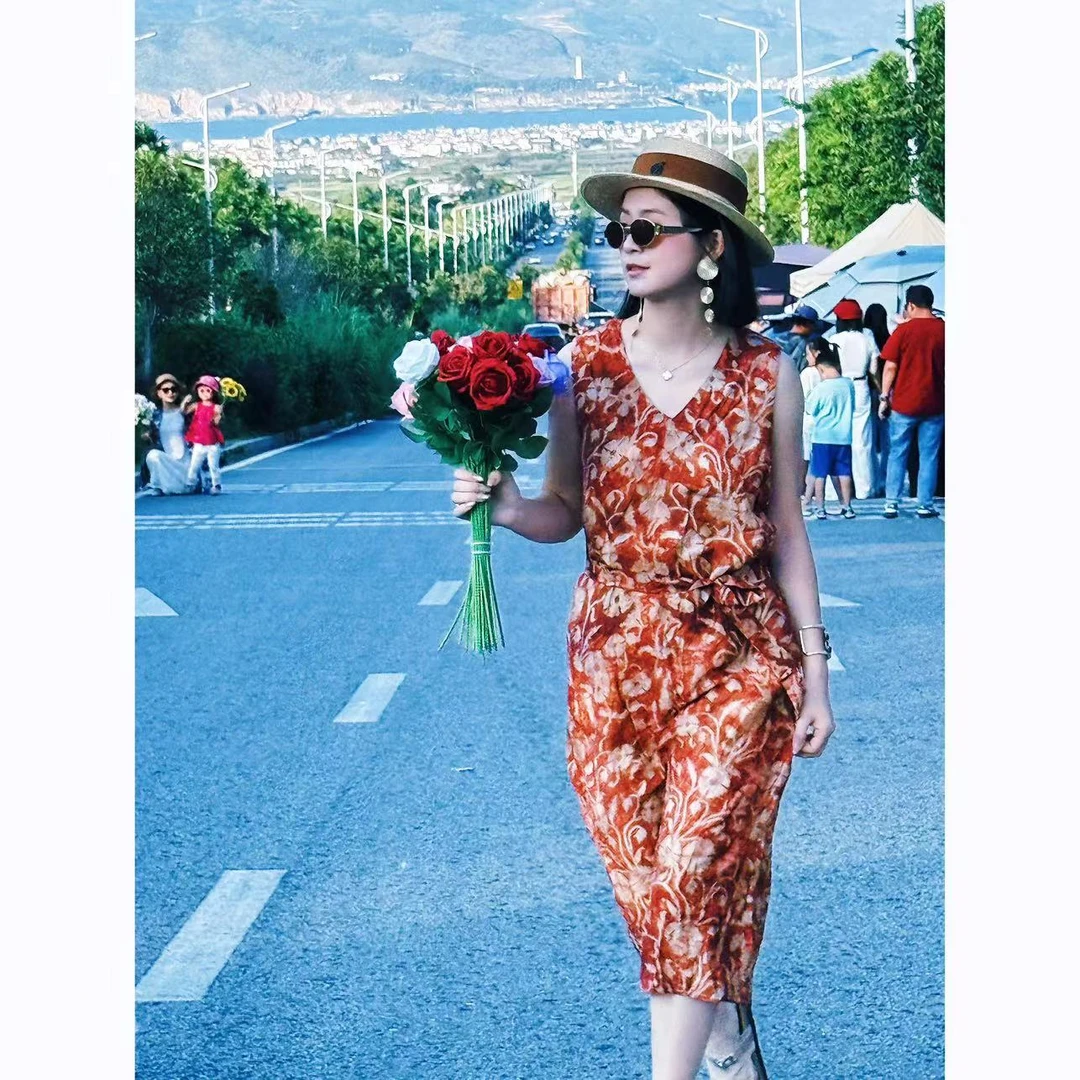 NANAKIKI【大理之约】显瘦碎花气质法式印花长款修身连衣裙KK-6031