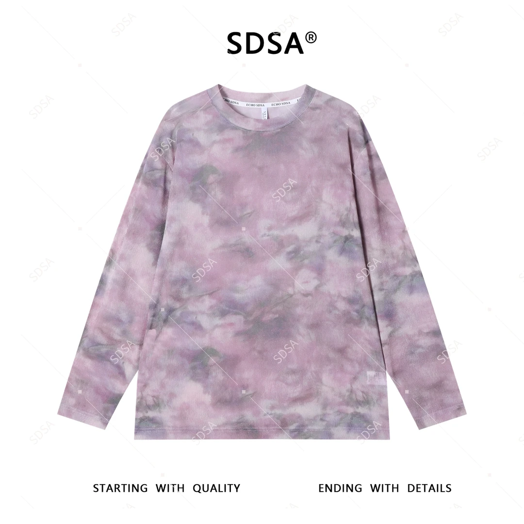 SDSA夏季新款男士痞帅韩系扎染渐变设计圆领长袖T恤时尚百搭上衣