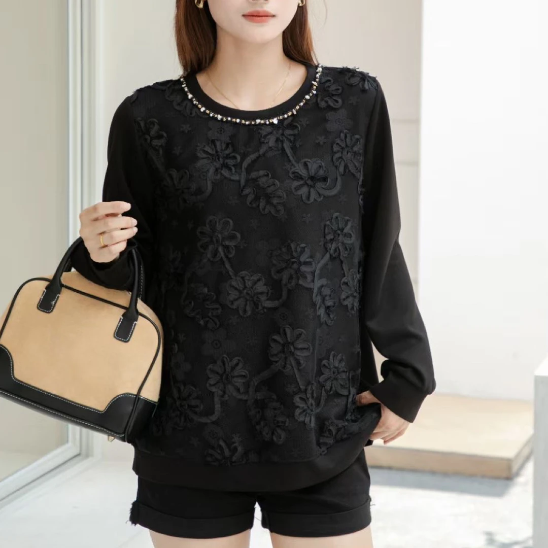 风之信6039#长袖圆领常规轻职风植物花卉T恤百搭时尚显瘦打底衫