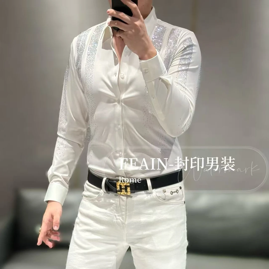 高端定制弹力莱卡立体奥钻点缀男士长袖衬衫2592