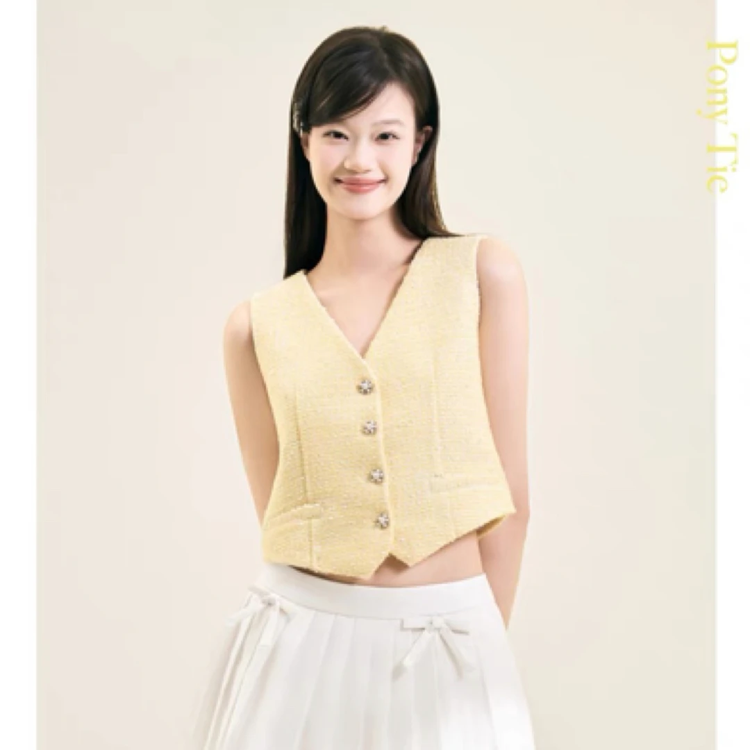 PonyTie 定制亮片面料 浪漫嫩黄色小香风马甲 设计感无袖背心上衣