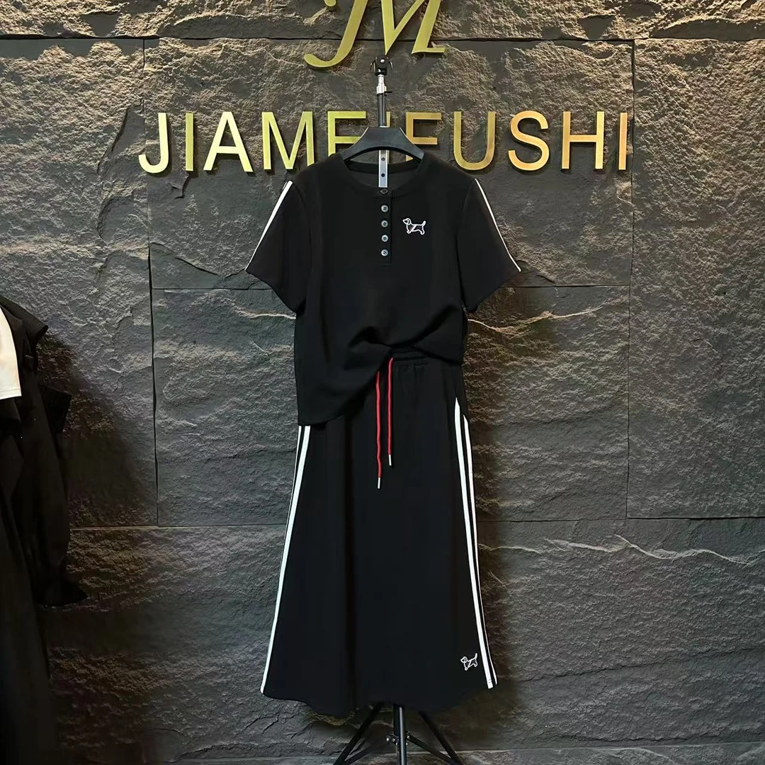 2025新款夏季黑色短袖小狗刺绣拼接工艺显瘦半裙两件套1218