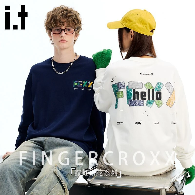 it FINGERCROXX潮牌圆领卫衣男秋季霓虹彩色设计感重磅情侣款外套