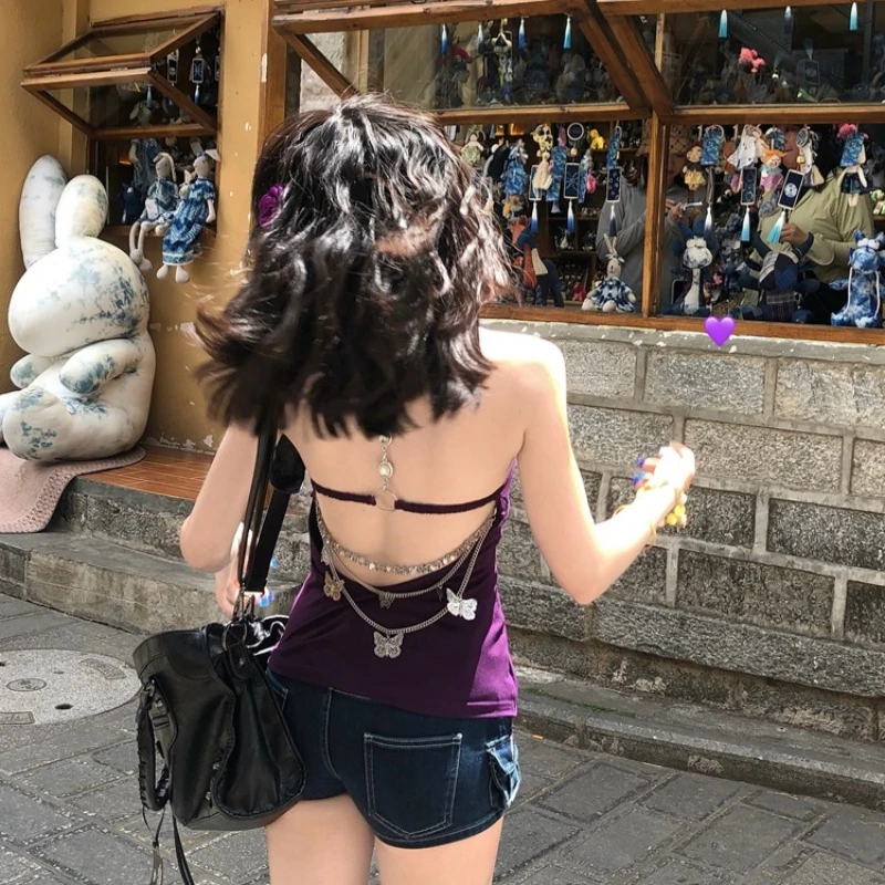 2025年夏季新款美式热辣蝴蝶链露背辣妹背心修身纯欲辣妹性感上衣