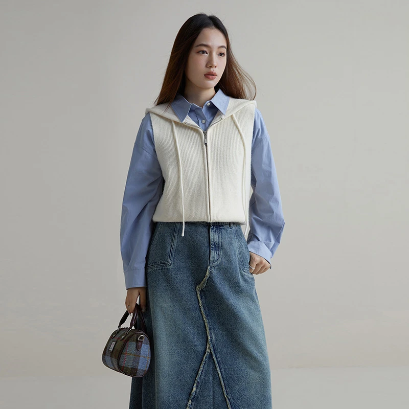 独束大码女装简约连帽针织背心保暖内搭百搭毛衫马夹23DS84152