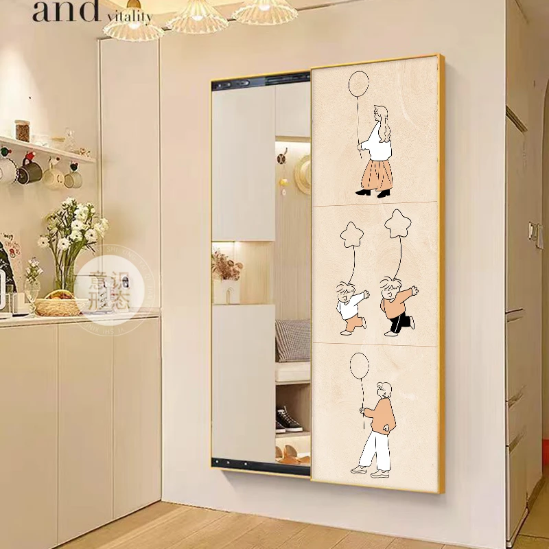 一家三四口隐藏式穿衣镜装饰画奶油风可推拉玄关全身镜装饰挂画