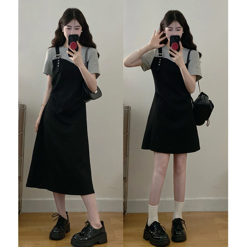 新款大码胖MM设计感假两件拼接收腰减龄高级气质连衣裙女