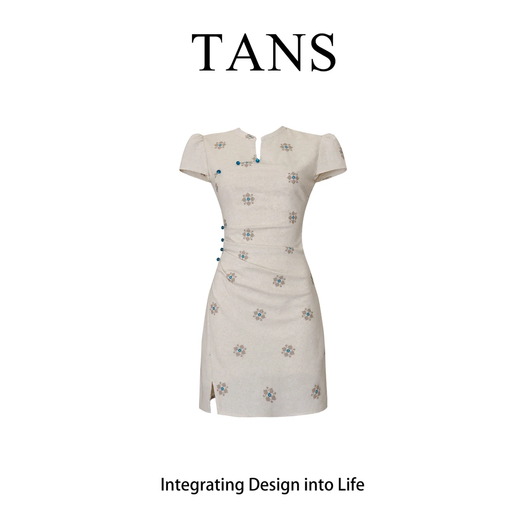 现货 TANS【宝相花】新中式灰白刺绣V领短款长款改良旗袍连衣裙女