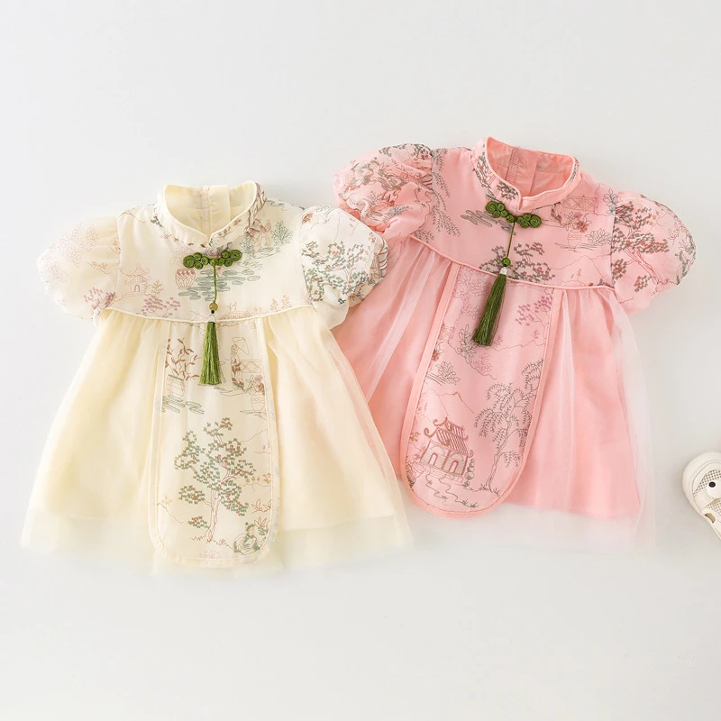 女宝宝2025夏季婴儿中式连衣裙女童抓周国潮生日宴公主裙旗袍唐装