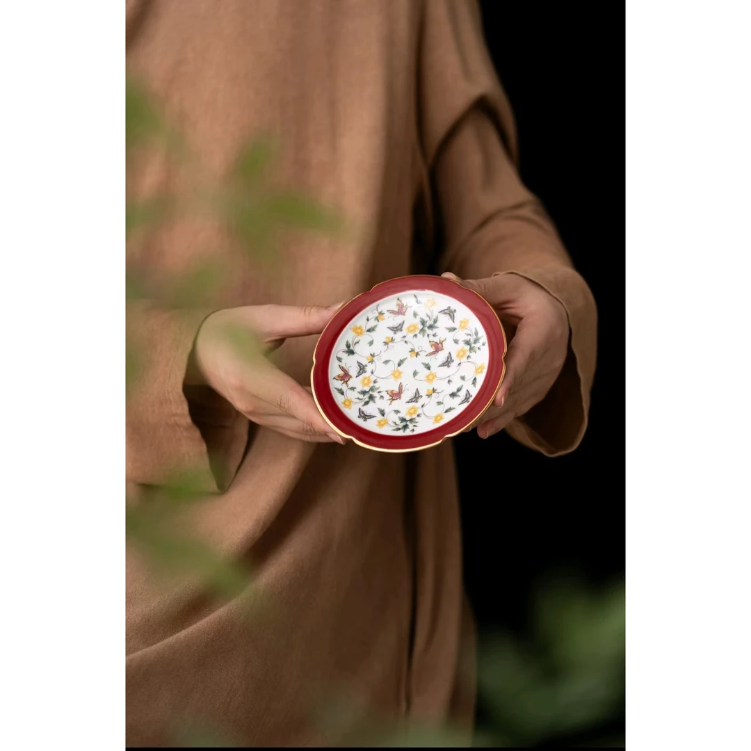 造白-金缘蝶绘花口果盘（红色）12