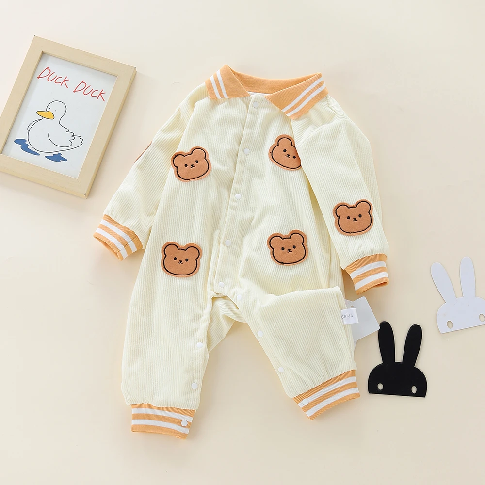 婴幼儿卡通可爱刺绣熊机制领连体春秋外出连体哈衣