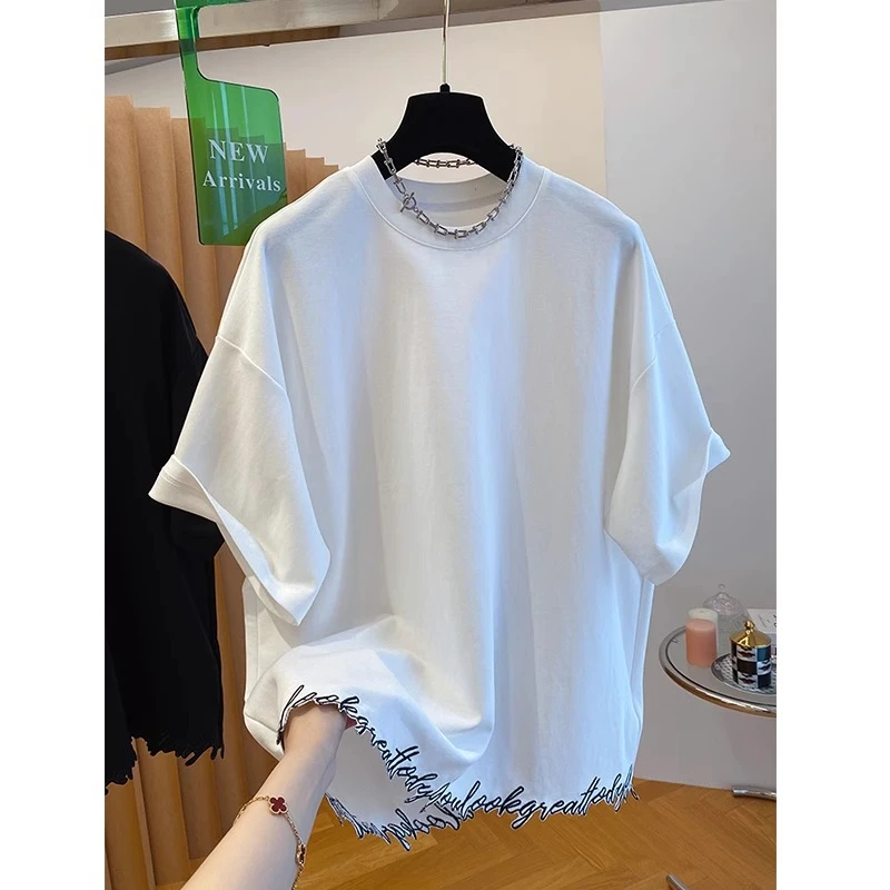 胖妹妹240斤大码设计感独特花体字下摆短袖T恤女夏季宽松显瘦上衣