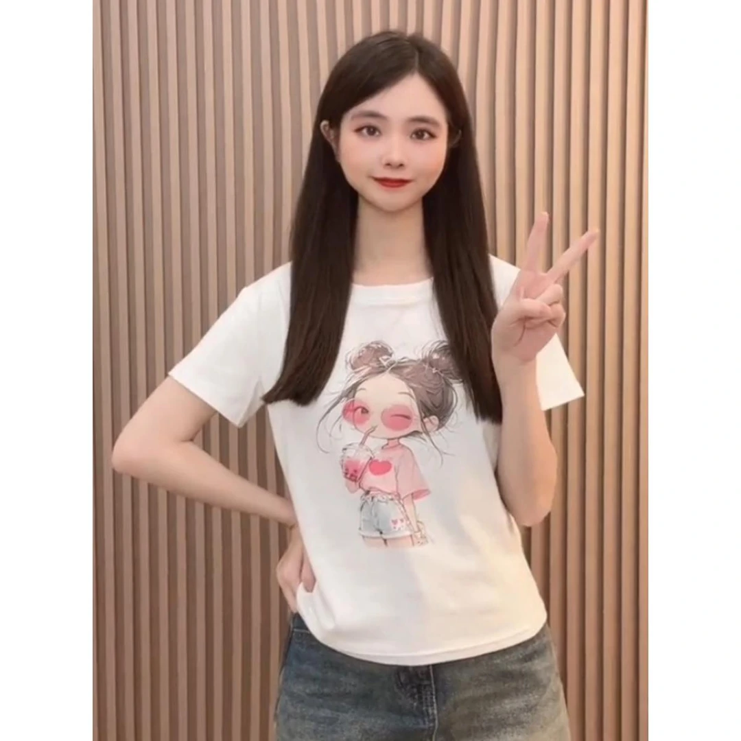 小个子短款T恤女2025夏季新款弹力修身显瘦短袖印花女孩体恤上衣