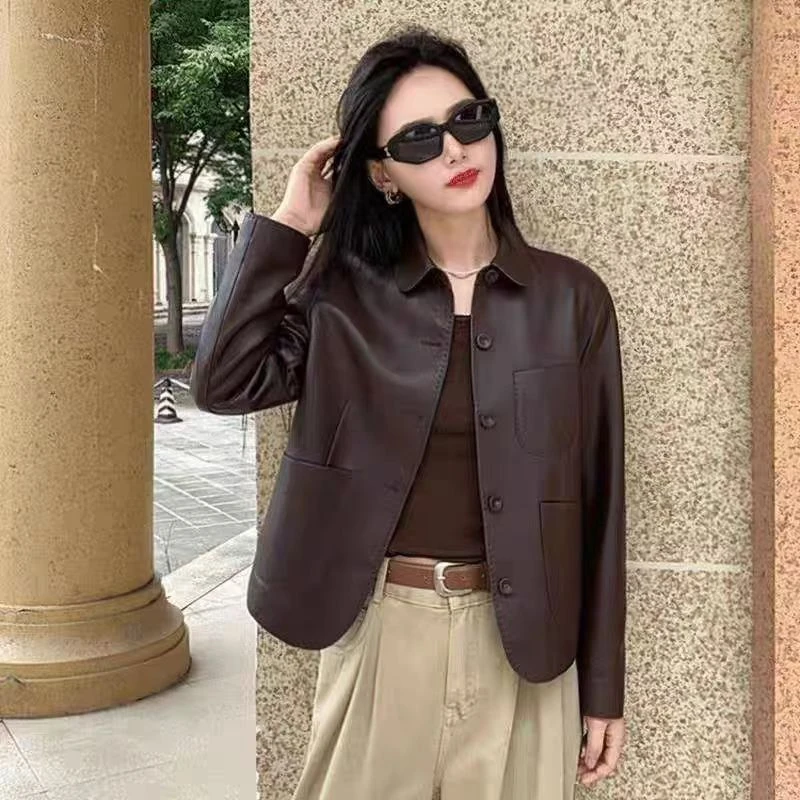 高档皮衣女士时尚新款宽松妈妈皮夹克短款休闲减龄百搭穿搭外套