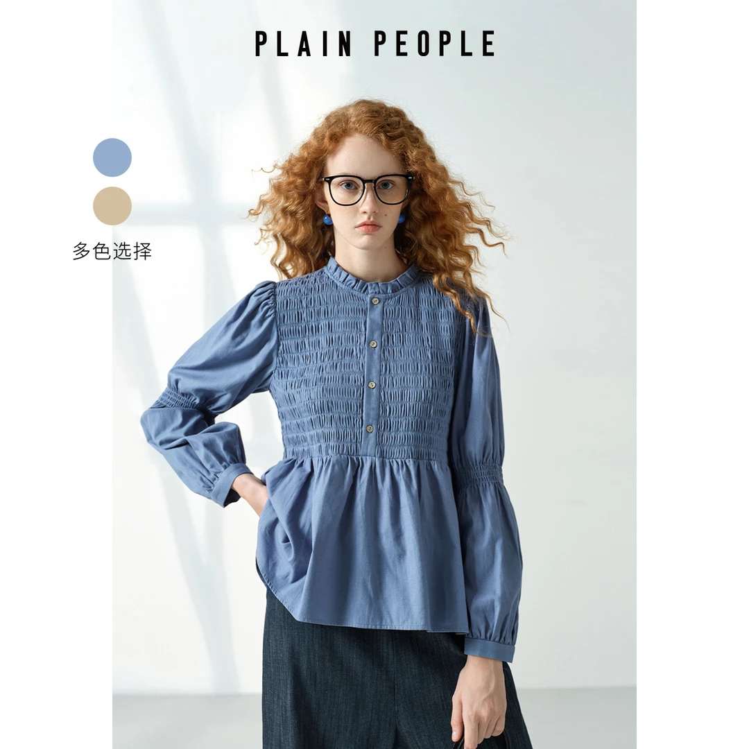 PLAIN PEOPLE法式浪漫泡泡灯笼袖打揽长袖灰蓝磨毛棉衬衫上衣秋款