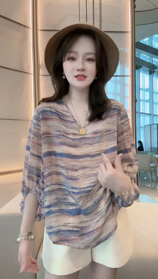 【丝芙玉禄】（F760）100%真丝双绉创意条纹印花宽松桑蚕丝t恤上衣