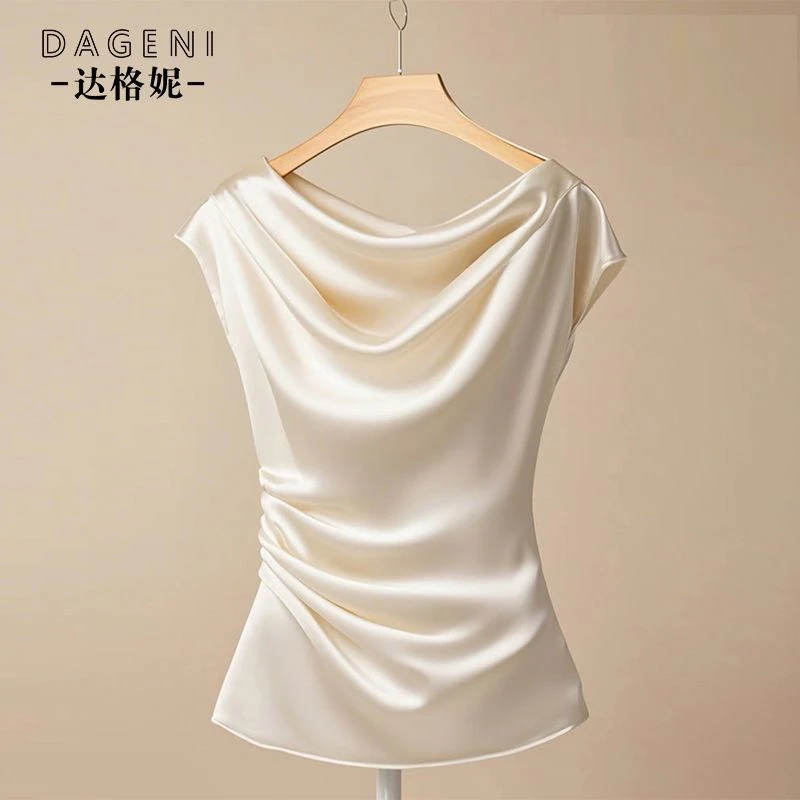 法式小众荡领一字肩缎面上衣女士2025夏季新款高级感收腰显瘦小衫