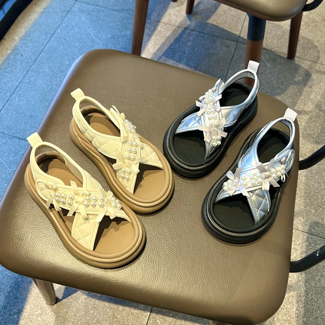 25夏季新款中童鞋儿童凉鞋女童珍珠蝴蝶结休闲凉鞋软底沙滩鞋5509