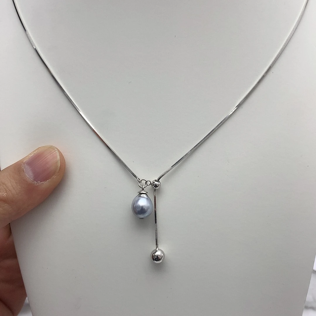 海水珍珠颈饰银S925镶嵌大溪地铂金灰