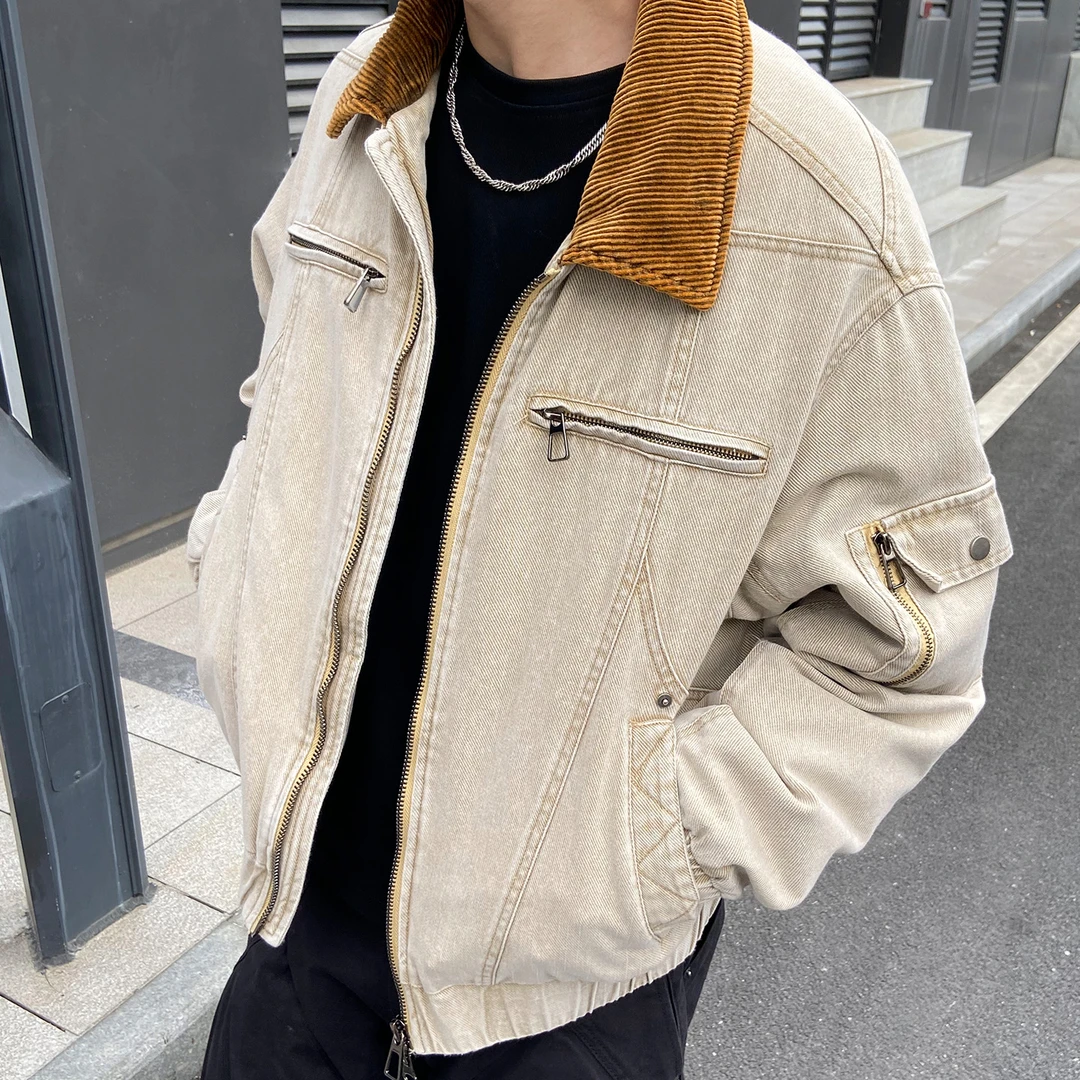 2025年翻领羽绒服男秋冬情侣水洗工装牛仔夹克外套-2