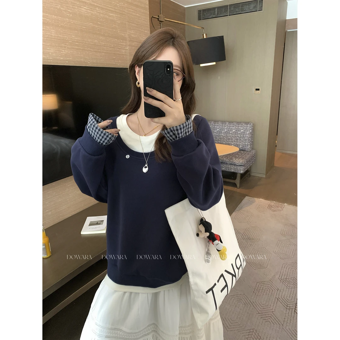 现货大婉酱微胖定制【暗蓝假日】长袖假两件上衣女早秋显瘦T恤8992D