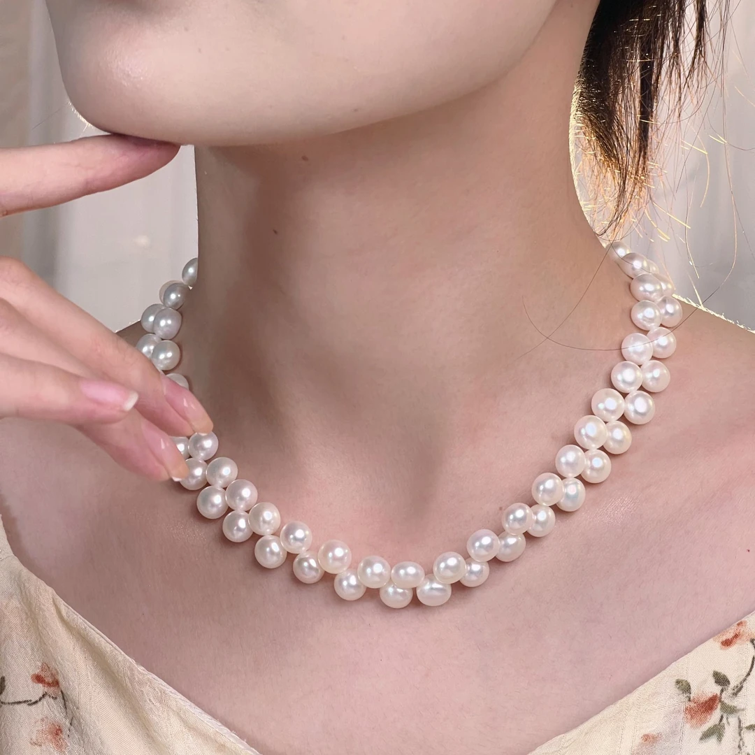 天然白色强光8-9mm双排馒头珍珠原创设计时尚百搭气质