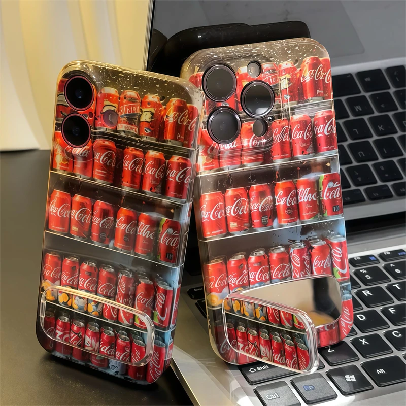 菲林nova14带镜子支架iPhone16满屏可口可乐手机壳13硬苹果15适用