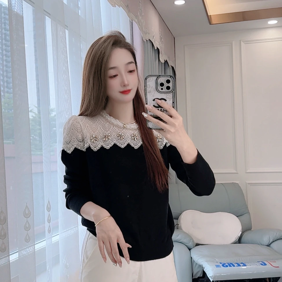 5165现货秋冬针织衫重工钉钻长袖蕾丝拼接女装韩版温柔套头打底衫