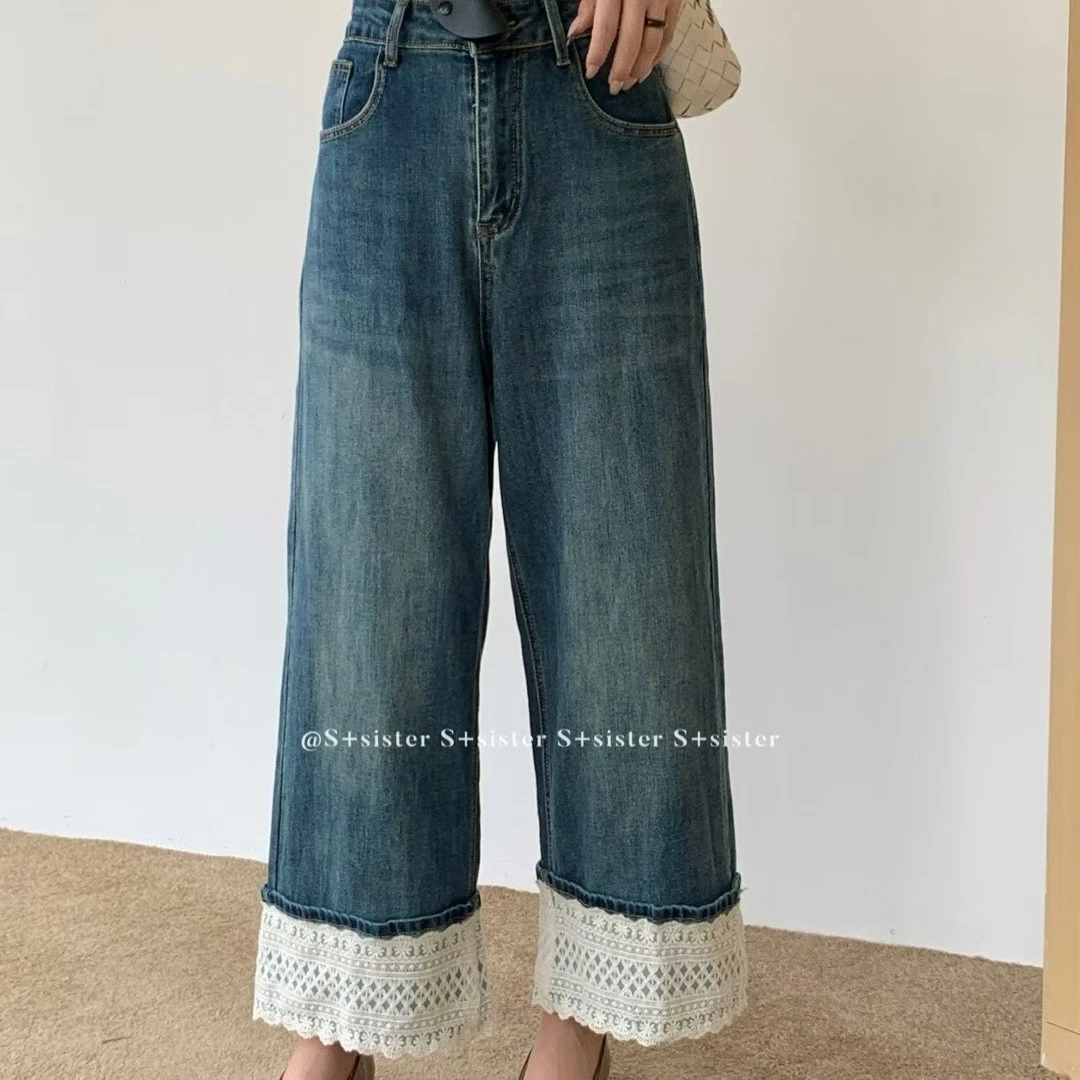 S+sister蕾丝边大码牛仔裤W528直筒裤显瘦,建议拍大一码