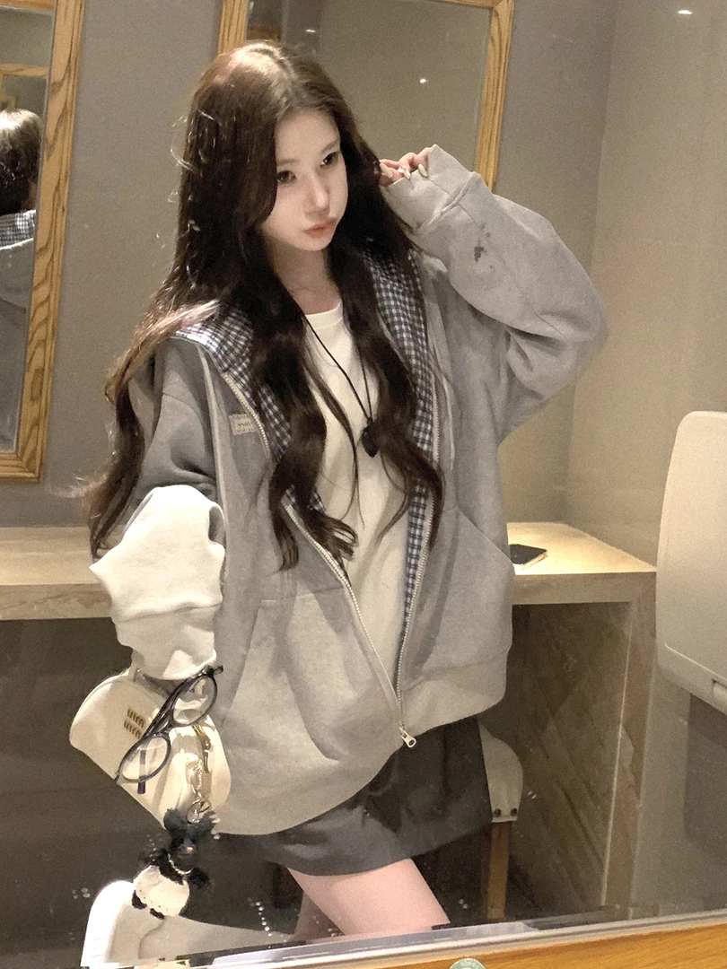 美式格子拼接连帽卫衣开衫女2025秋季新款宽松慵懒风时尚上衣外套