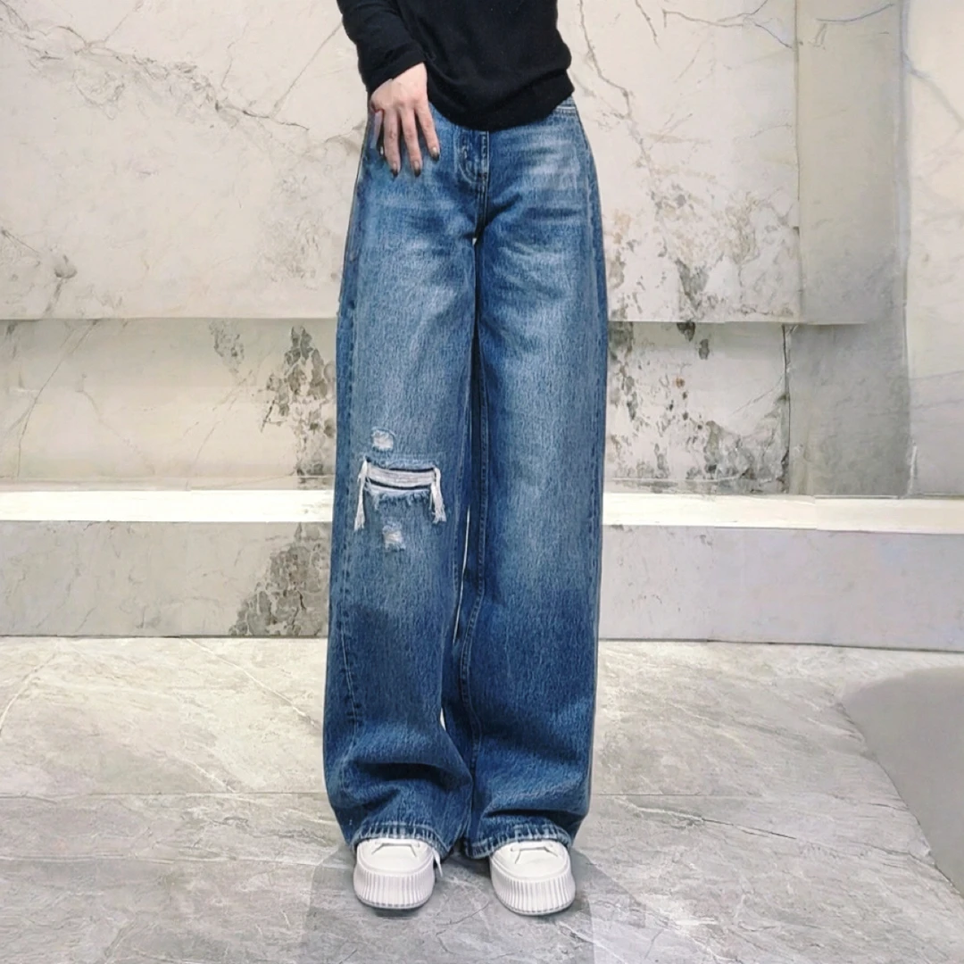 【金子专属】高腰秋季新款高端宽松破洞阔腿穿搭拖地牛仔裤显瘦百搭
