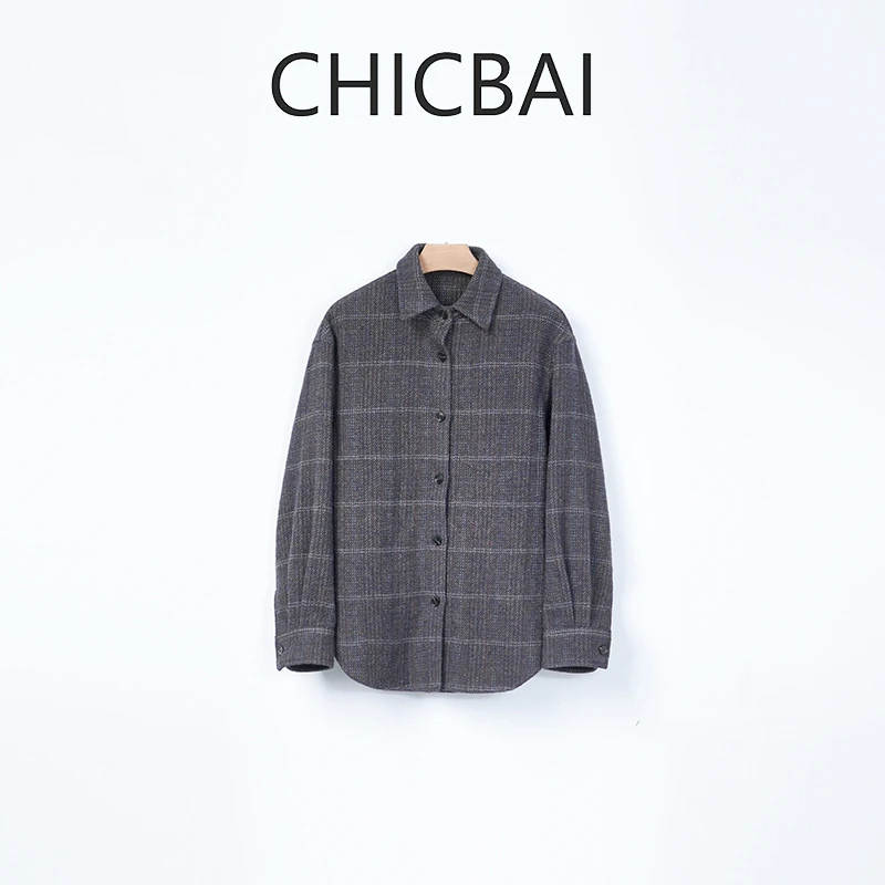 CHICBAI 粗纺柔软毛呢廓形复古格纹衬衫外套