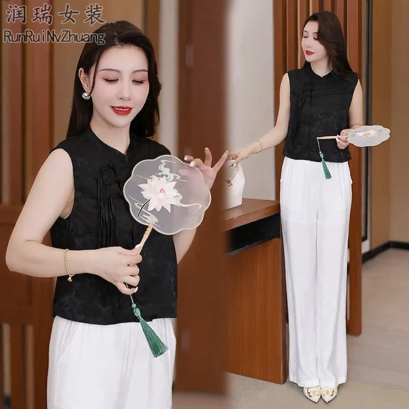 气质国风时尚套装女2025夏季新款新中式盘扣马甲高腰阔腿裤两件套