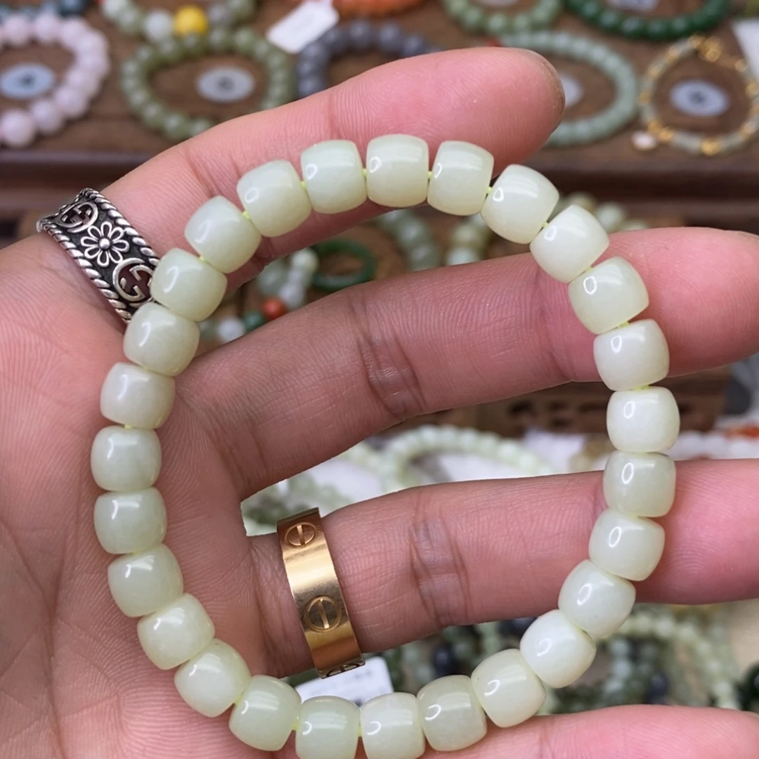 和田玉未镶嵌手链卡8黄口直切珠