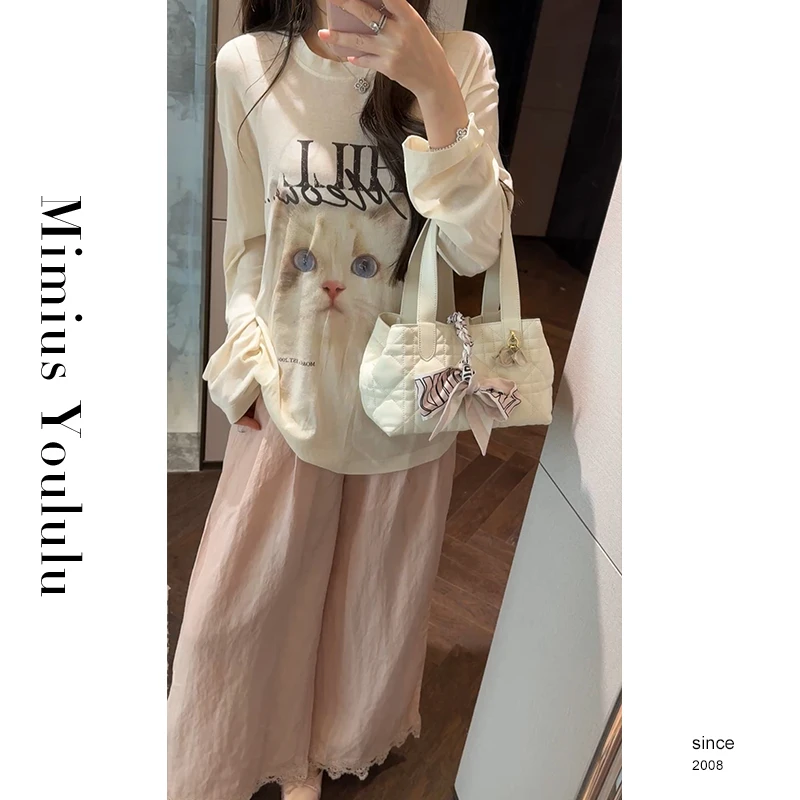 【mimius】L 复古做旧小猫印花轻薄长袖T  G04276