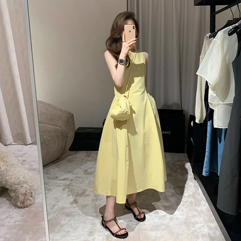 法式黄色无袖背心连衣裙女海岛绝美多巴胺穿搭小个子的裙子2766