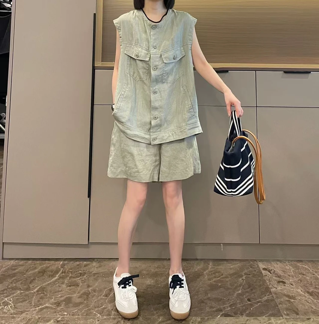 米可/MK-2396ZJ【麻料排扣马甲短裤套装】时尚休闲夏季新款两件套